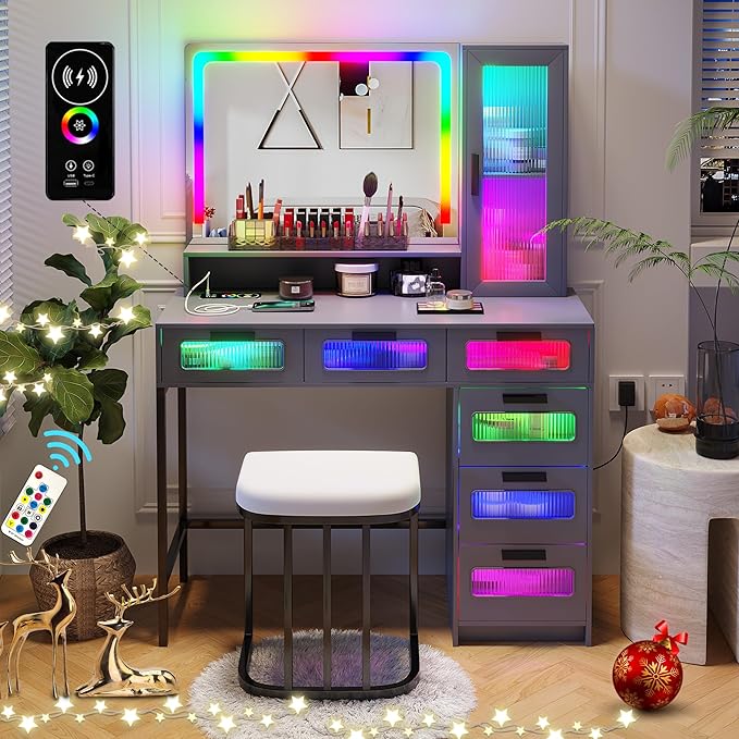 HNEBC RGB Vanity Desk with Mirror and Lights, LED Vanity Makeup Desk with USB/Wireless Charger Station, Vanities Dressing Table Sets with 6 Drawers/Cabins/Stool/Shelves for Bedroom&Cloakroom,Grey