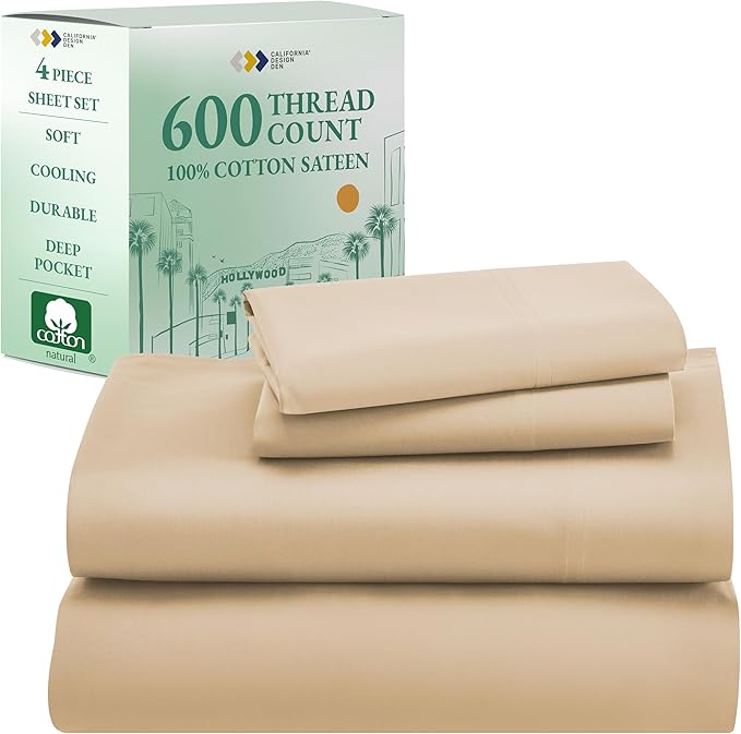 California Design Den California King Sheets, 600 Thread Count 100% Cotton Sateen California King Sheet Set with Deep Pockets, Soft Hotel-Quality Bedding Sheets & Pillowcases (Golden Tan)