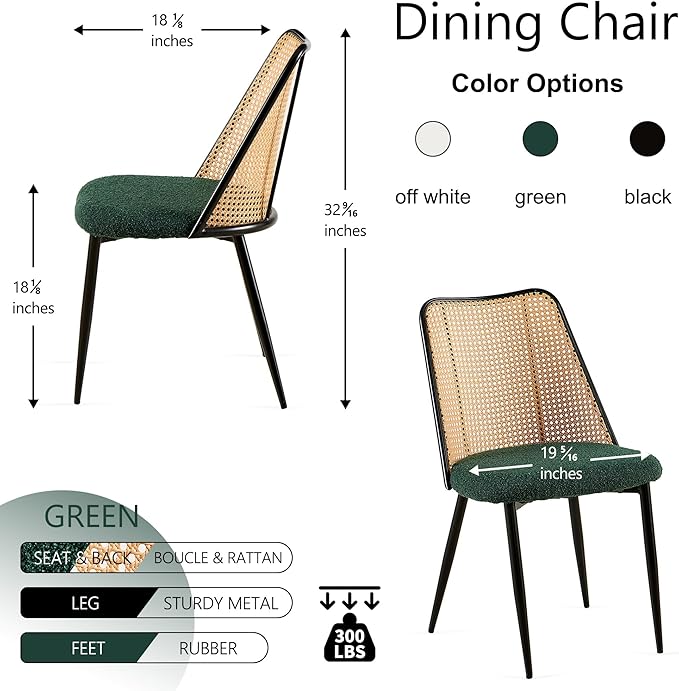 Green Dining Chairs Set of 4, Upholstered Home Kitchen Chairs Woven Rattan Back Boho Dining Room Chairs Comfortable with Metal Legs for Living Room Dining Hall