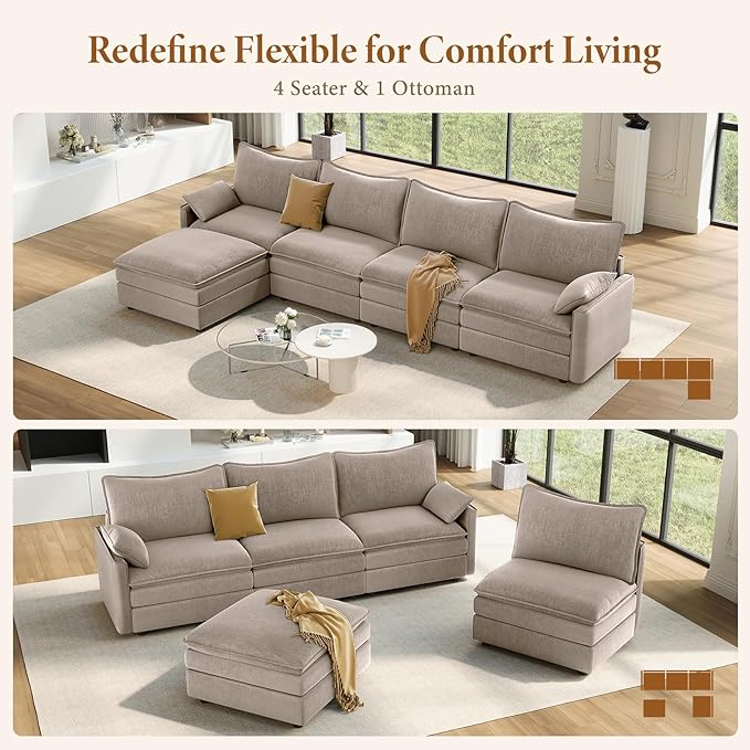 Vesgantti 142" Cloud Couch Sectional Modular Sofa, Comfy Sectional Couch with Ottoman Deep Seat Chenille L Shaped Sofa, Modular Couches for Living Room, Bedroom and Apartment, Light Brown