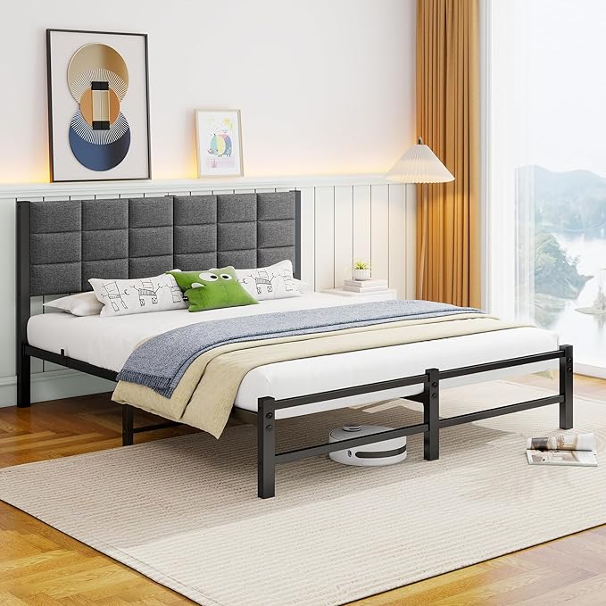 Full Bed Frame with Headboard,Metal Platform Bed Frame Full Size,Upholstered Bed Frames Full No Box Spring Needed/Under Bed Storage/Easy Assembly,Metal Slats Support/Noise Free,Grey