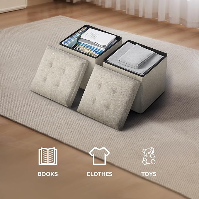 Storage Ottoman Bench, 15 Inch Ottoman Foot Rest, End of Bed Bench, Storage Chest, Load 700 lb, for Living Room, Bedroom, Entryway, Beige