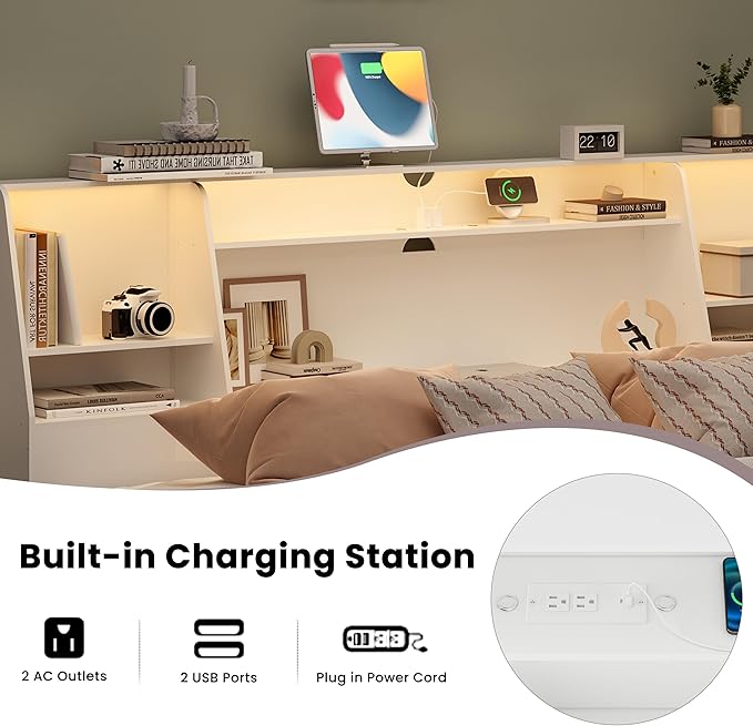 Headboard Queen Size with Storage, Upholstered Wood Bookcase Headboard with Charging Station & 2 LED Lights (White, King)