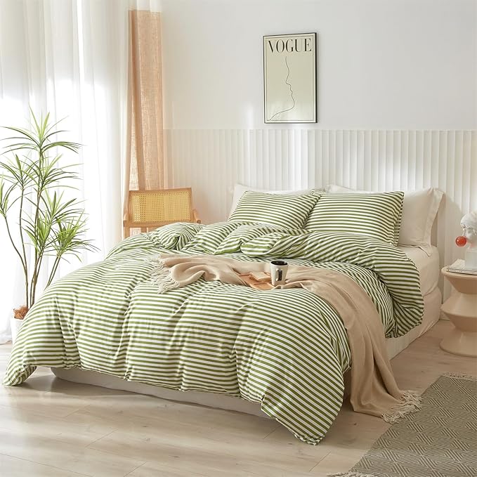 mixinni Striped Comforter Set Queen Size - Green White Stripes Pattern Bed Set for All Season, 3 Pieces Lightweight Bedding Comforter Sets for All Seasons (1 Soft Fluffy Comforter + 2 Pillowcases)