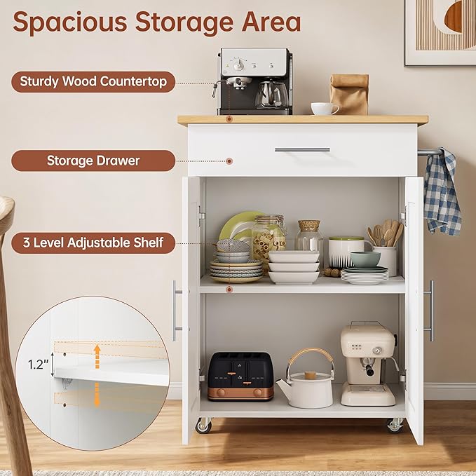 Kitchen Island Cart on Wheels with Storage - Rolling Kitchen Island with Large Drawer & Dividers | Adjustable Shelf | Towel Rack, Portable Kitchen Cart for Small Space, White