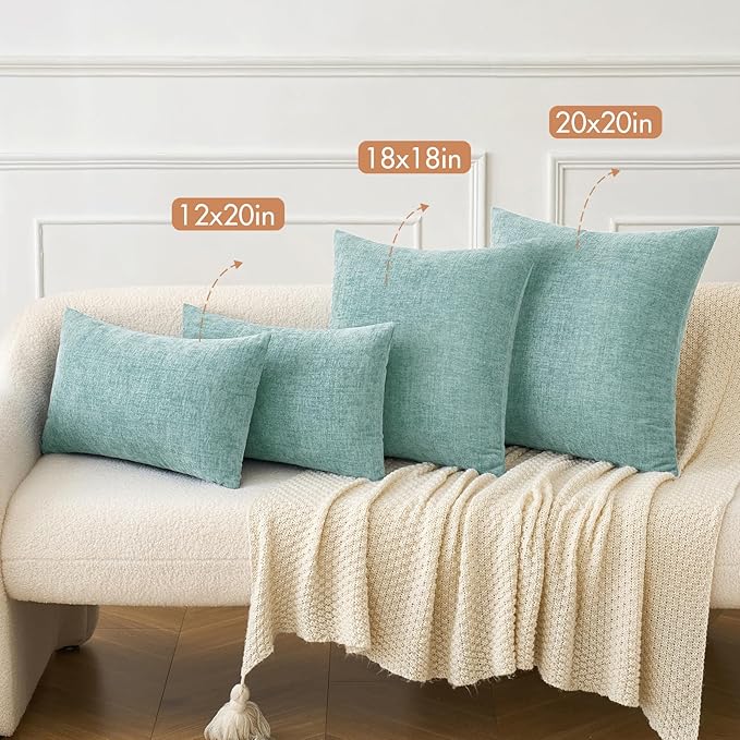 MIULEE Pack of 2 Couch Throw Pillow Covers 12x20 Inch Soft Aqua Green Chenille Pillow Covers for Sofa Living Room Solid Dyed Pillow Cases