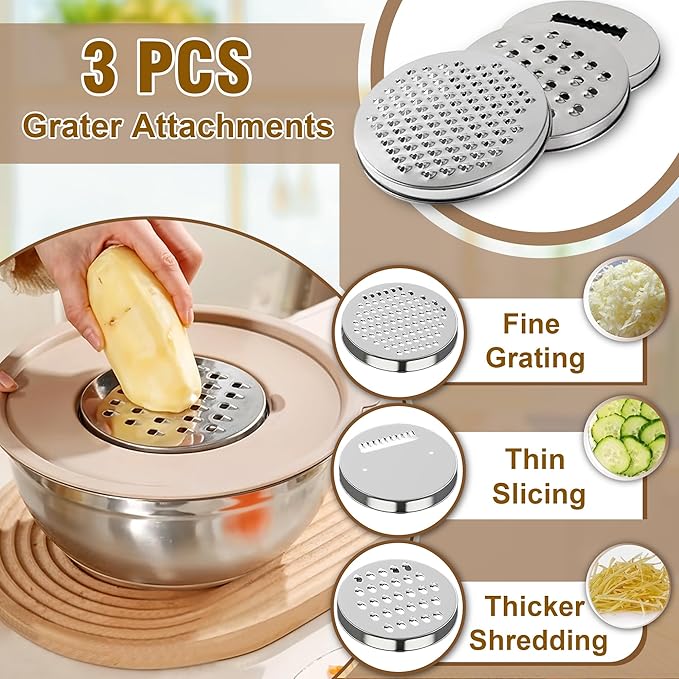 Mixing Bowls with Lids Set, 6PCS Stainless Steel Metal Bowls with 3 Grater Attachments, Measurement Marks & Colorful Non-Slip Bottoms, Size 7, 4, 3, 2, 1.5, 1QT, Great for Mixing & Serving (Khaki)