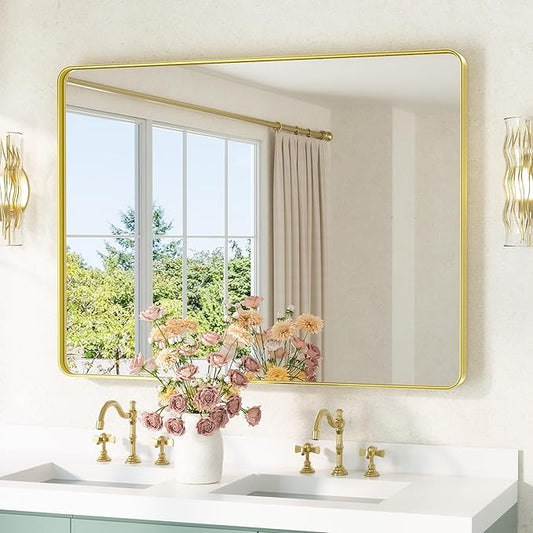 TETOTE Gold Bathroom Mirror 40 x 30 Inch Brushed Gold Metal Framed Vanity Mirror, Tempered Glass, Wall Mounted for Bathroom, Entryway, Bedroom, Living Room(Horizontal/Vertical)