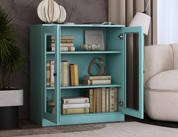 Palace Imports Solid Wood Bookcase - Floor Standing Bookshelf - 32” W - Display Furniture, Renewable 100% Eco-Friendly Wood, Made in Brazil (Aqua, Clear Glass Doors | 3-Shelf Short Bookcase)