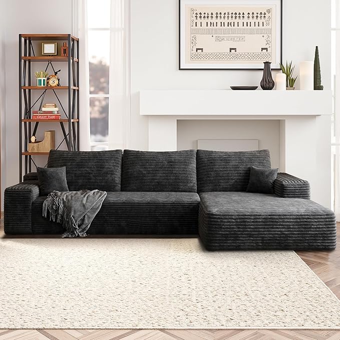 Sectional Couches for Living Room 112" L-Shape Cloud Couch Modern Modular Sectional Sofa Bad, Boneless Couch with Right Deep Seat, No Assembly Required (Plush Corduroy Fabric, Black)