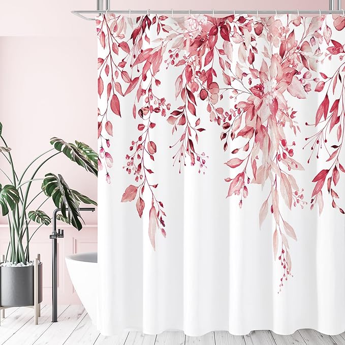 Gibelle Pink Eucalyptus Shower Curtain, Watercolor Plant Leaves with Floral Bathroom Shower Curtain Set with Hooks, 72x72