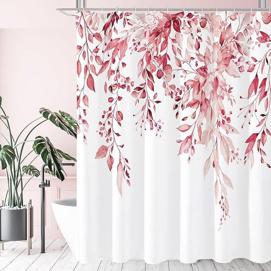 Gibelle Pink Eucalyptus Shower Curtain, Watercolor Plant Leaves with Floral Bathroom Shower Curtain Set with Hooks, 72x72