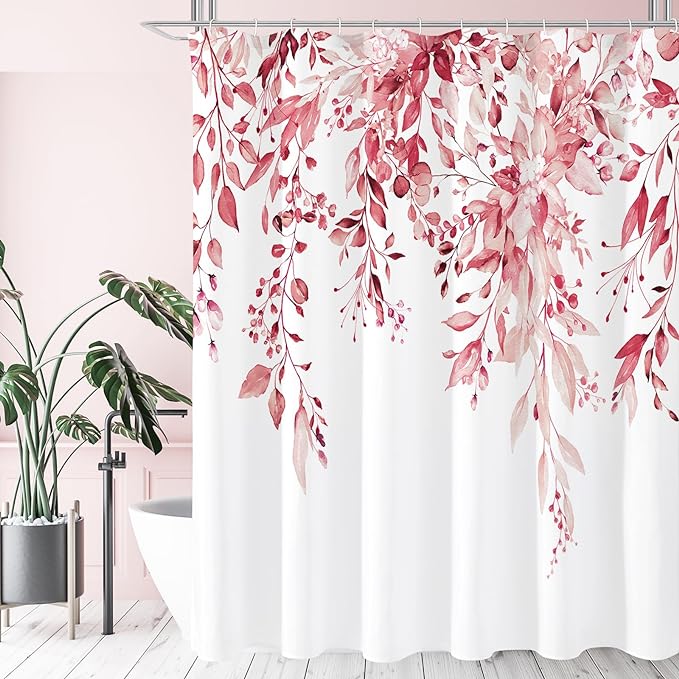 Gibelle Extra Long Shower Curtain 72 x 84, Tall Pink Floral for Bathroom, Watercolor Plant Eucalyptus Leaves Fabric Set With Hooks
