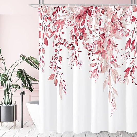 Gibelle Extra Long Shower Curtain 72 x 84, Tall Pink Floral for Bathroom, Watercolor Plant Eucalyptus Leaves Fabric Set With Hooks
