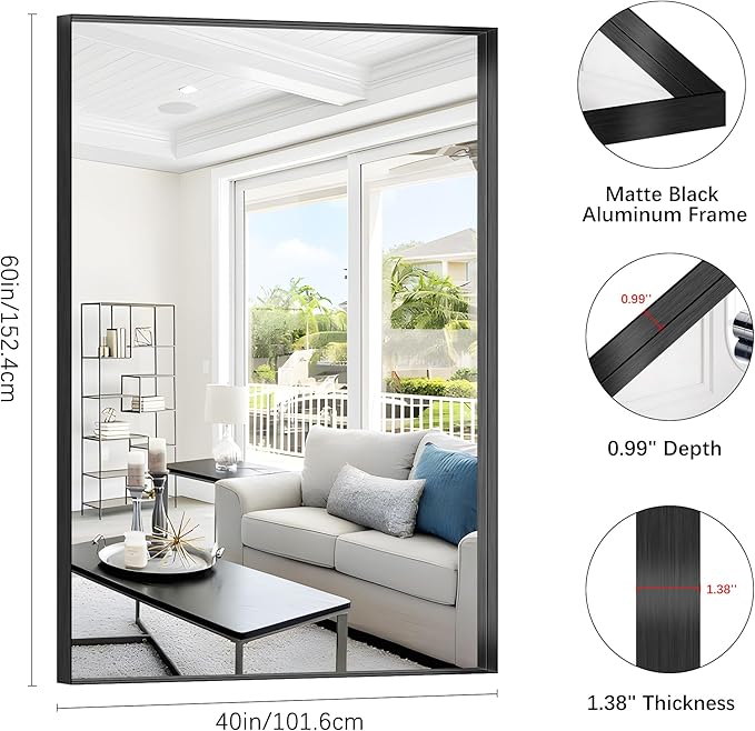 Black Bathroom Mirror, 60x40 Inch Rectangular Framed Mirror, Large Wall Mounted Bathroom Vanity Mirror Over Sink for Bedroom,Restroom, Living Room, Hangs Vertically or Horizontally