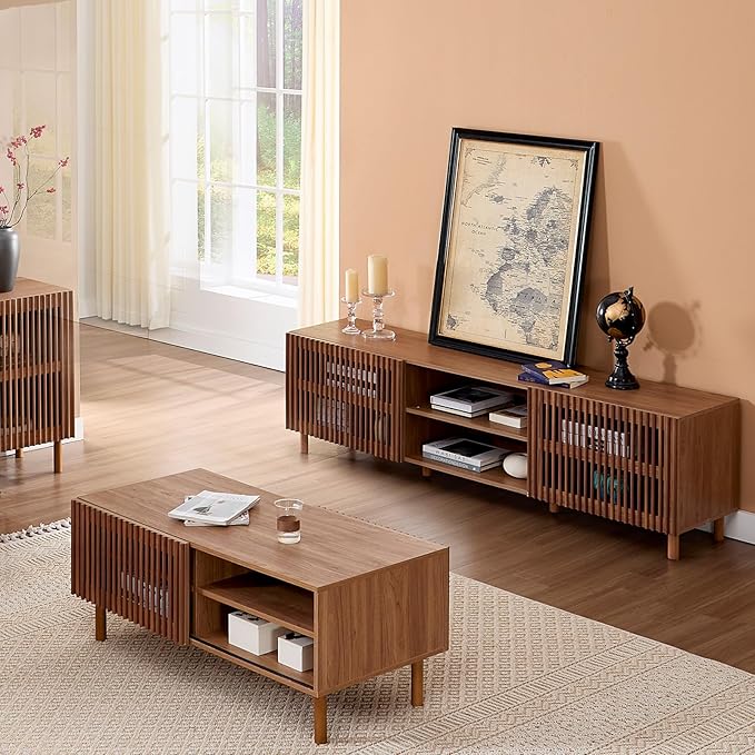 Bonzy Home 70" Mid Century Modern TV Stand, TV Console for TV up to 75", Slatted Entertainment Center with Storage and Open Shelves for Living Room, Bedroom, and Media Room