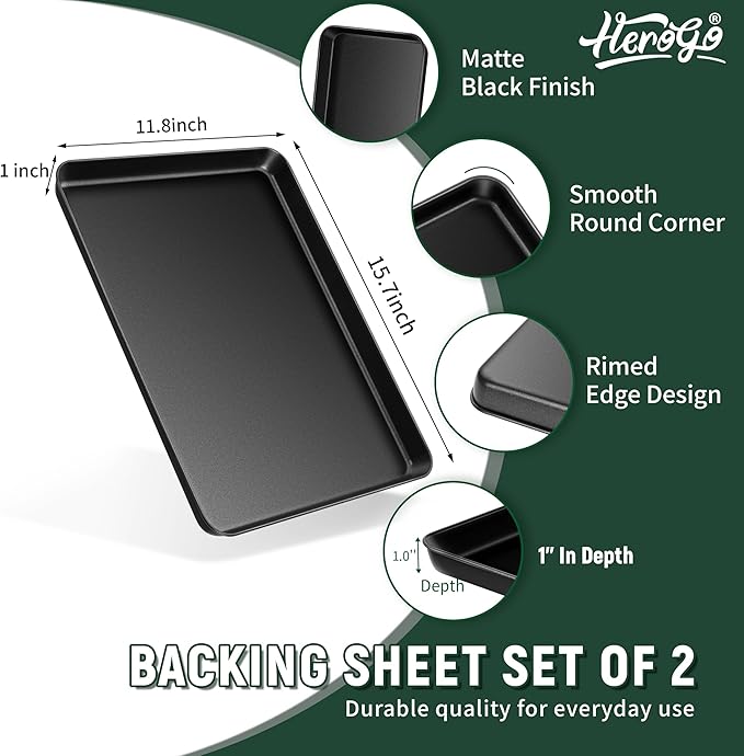 Herogo Nonstick Carbon Steel Baking Sheet Pan Set, 11.8×15.7×1 Inch Rectangle Cookie Sheet Bakeware Set for Oven, 2 Pack Multipurpose Kitchen Cookware, Non Toxic & Heavy Duty & Easy Clean-Large