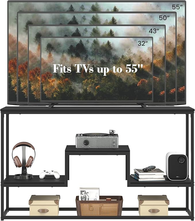 TV Stand for TVs up to 55 Inch, TV Console Table with 3-Tier Open Storage Shelves, Modern Industrial Entertainment Center for Living Room, Bedroom, Black