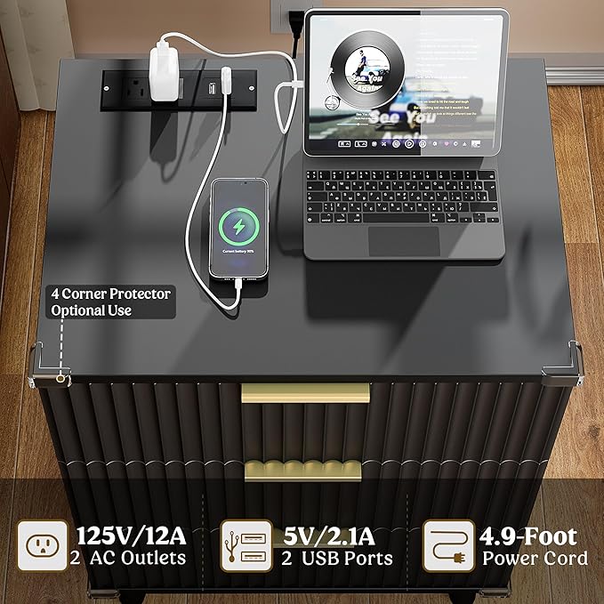 Lulive Wood 3 Drawers Dresser Fluted Night Stand with Charging Station, Natural Nightstand 3 Storage Drawers Dresser Modern Side Table, Bedside Table for Bedroom, Living Room