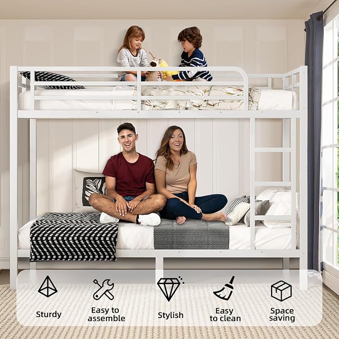 Twin XL Over Twin XL Bunk Bed Frame, Heavy Duty Metal Loft Bed for Adults/Teens, 250/400LB Capacity w/Ladder & Guardrail, Noise-Free Steel Slats, No Box Spring Required, White