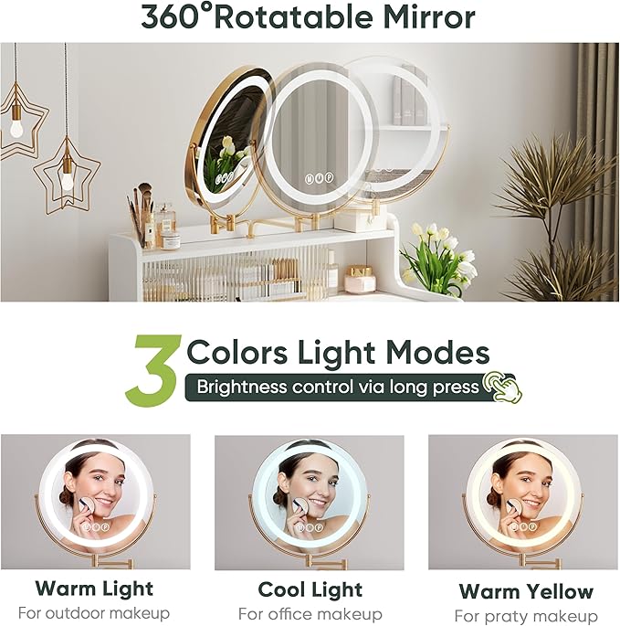 3 in 1 Small Vanity, Makeup Vanity Desk with Rotatable Mirror and Lights, White Make Up Vanity Table with 3 Adjustable Lighted and Chair for Compact Space, Corner Mini Makeup Table with Fold-up Panel