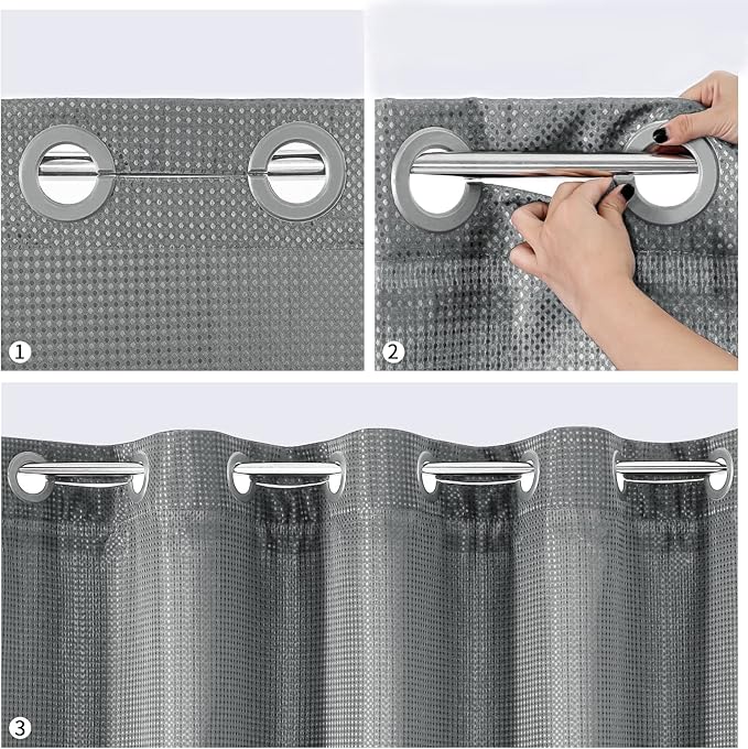 MitoVilla No Hooks Needed Grey Waffle Shower Curtain Set with Snap-in Liner, Modern Waffle Weave Heavy Duty Fabric Cloth Shower Curtain for Luxury Neutral Hotel Spa Bathroom Decor, 72 x 74