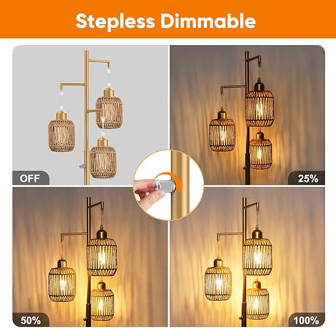 ROTTOGOON Dimmable Boho Floor Lamp - 3 Light Farmhouse Rattan Floor Lamp for Living Room, Industrial Tree Floor Lamps with 3 X 6W LED Bulbs, Rustic Standing Tall Lamp for Bedroom, 68", Gold