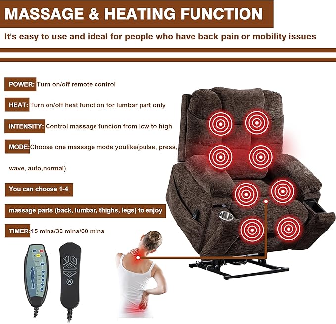 Oversized Lay Flat Power Lift Recliner Chair with Heat and Massage for Elderly, Infinite Position Heavy Duty Dual Motor Lift Chair 400 lbs with Cup Holder & Wireless Phone Charger