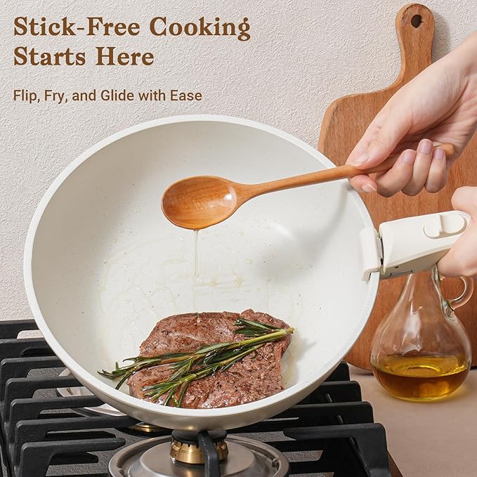 15Pcs Pots and Pans Set Non Stick, Cookware Sets with Detachable Handle, Nonstick RV Kitchen Cooking Tools Removable Handles, Oven Safe, Induction Fast, Stackable Induction Cookware, White