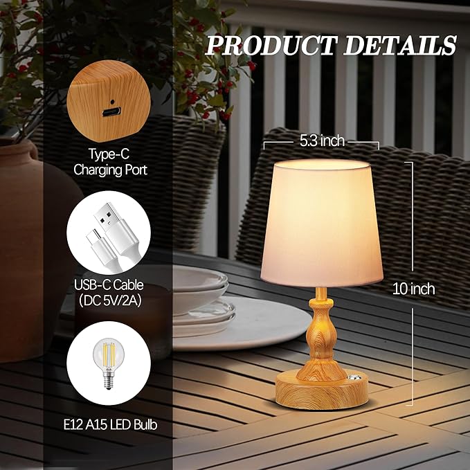 PARTPHONER Mini Cordless LED Table Lamp, 5200mAh Rechargeable Battery Operated Lamp, 3-Level Brightness, Touch Dimmable Desk Lamp, Bedside Night Light for Patio Camping Restaurant Home, Wood Grain