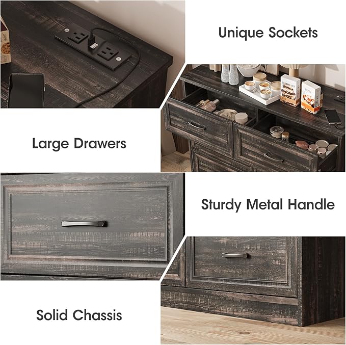 Fameill Dresser for Bedroom, 6 Drawer Wide Dressers Organizer with Charging Station for Hallway with Metal Handles, Dark Brown
