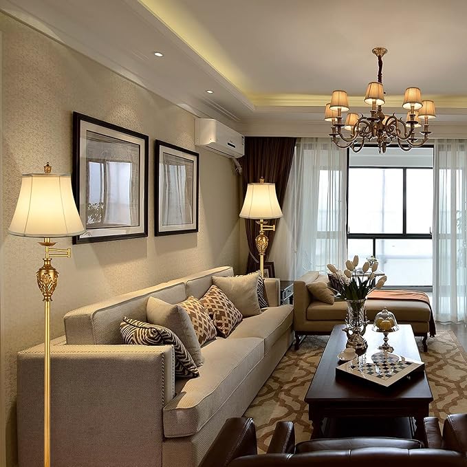 Traditional LED Floor Lamp with 350° Adjustable – Vintage Pole lamp Swing arm for Living Room, Bedroom and Office – Rustic Upright Floor Light for Home Décor with Faux Silk Fabric Shade