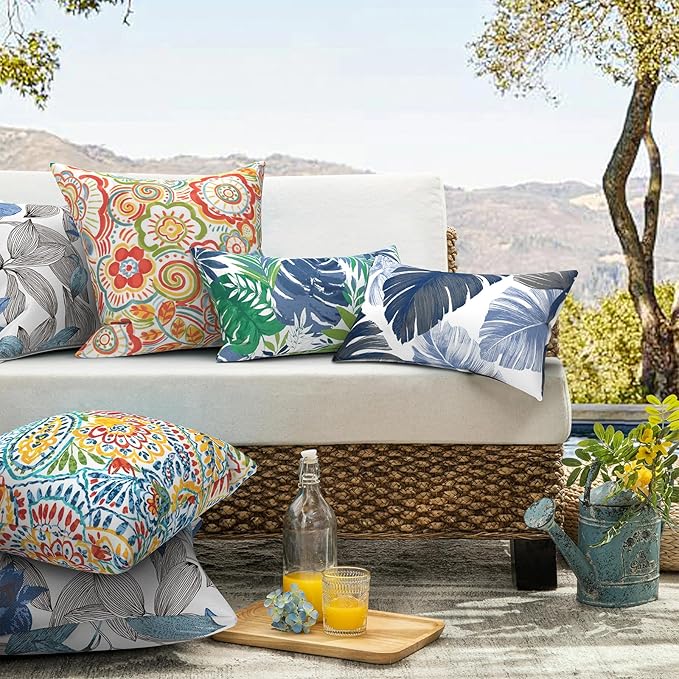 Pack of 2 Patio Throw Pillow Covers ONLY, Water Repellent Cushion Cases 20x20 Inch, Square Pillowcases for Outdoor Couch Decoration, Monstera Blue