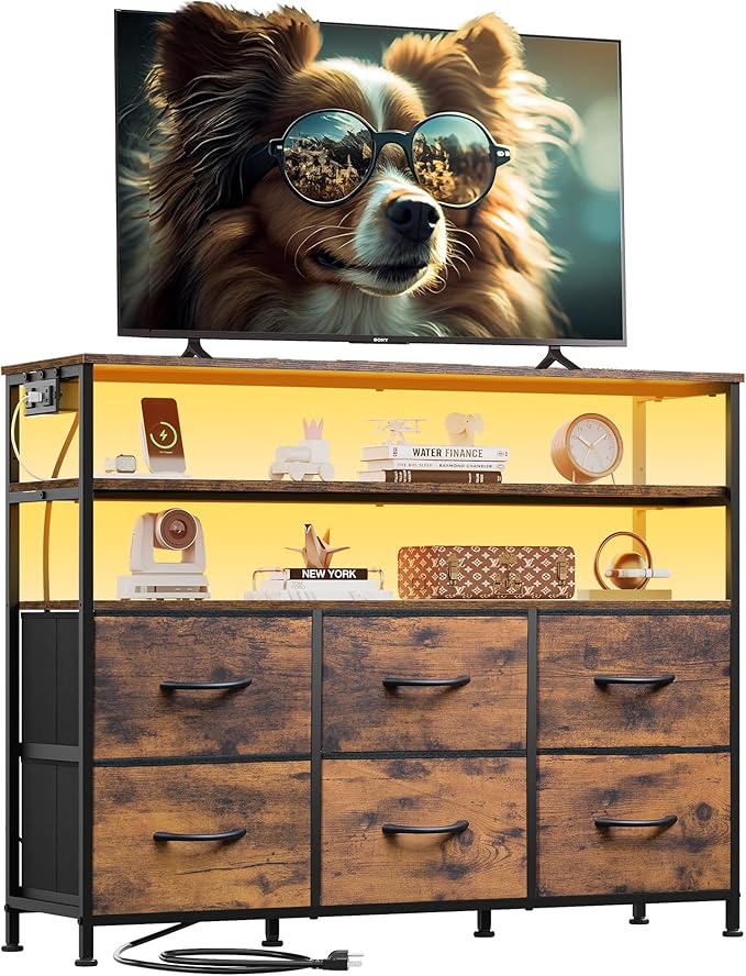 WLIVE TV Stand for 40, 45 inch TV, Entertainment Center with LED Lights & Charging Station, TV Media Console Table with 6 Fabric Drawers and Open Shelves for Living Room, Hallway, Rustic Brown
