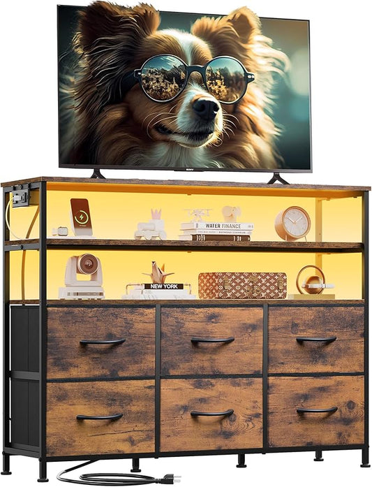 WLIVE TV Stand for 40, 45 inch TV, Entertainment Center with LED Lights & Charging Station, TV Media Console Table with 6 Fabric Drawers and Open Shelves for Living Room, Hallway, Rustic Brown