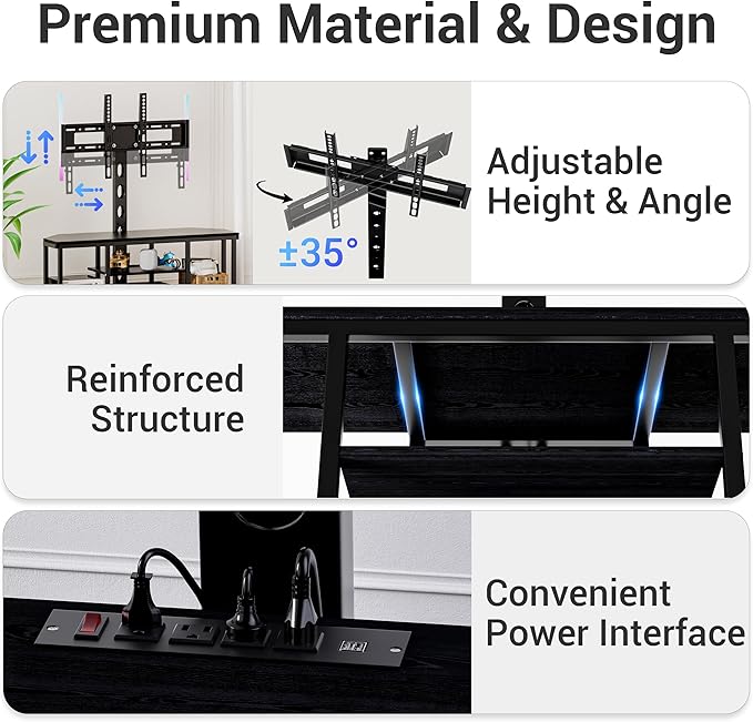 Corner TV Stand with Mount LED - Universal TV Mount Stand for 32-65" TV, Height Adjustable Swivel TV Console Wood & Steel Entertainment Center with Mount, Cabinet, Power Outlet, Colorful Light, Black