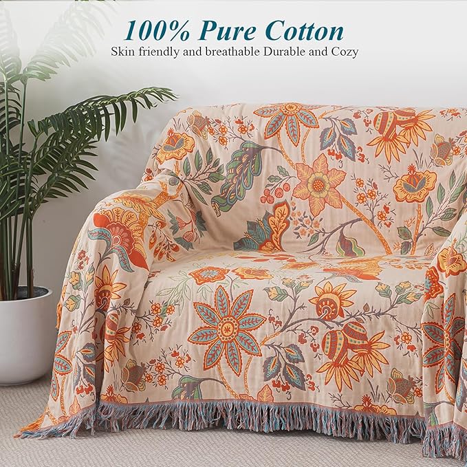 Boho Throw Blanket for Bed-100% Cotton Soft Breathable Farmhouse Decor Boho Quilt for Sofa (Boho Flowers, 60"x80")