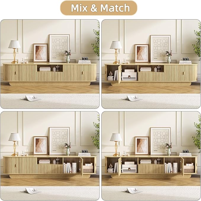 TV Stand and Coffee Table Set of 2,Entertainment Center with Large Storage Cabinet & Open Shelves,86.6'' Modern TV Console,Wood Center Tables for Bedroom, Home Office,Natural