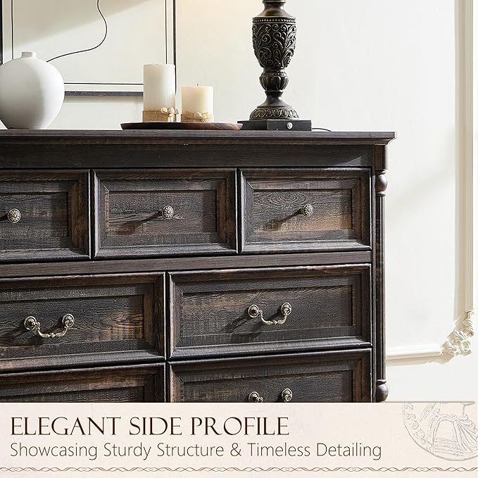 Yechen Rustic 7-Drawer Solid Wood Dresser for Bedroom & Living Room – Vintage Storage Cabinet with Decorative Hardware, Sturdy Construction & Versatile Organizing Solutions (Dark Rustic Oak)