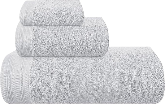 Ultra Soft 3 Pack Cotton Towel Set, Contains a Bath Towels 28x55 inch, a Hand Towels 16x24 inch & a Wash Coths 12x12 inch, Ideal Everyday use, Compact & Lightweight - Light Grey