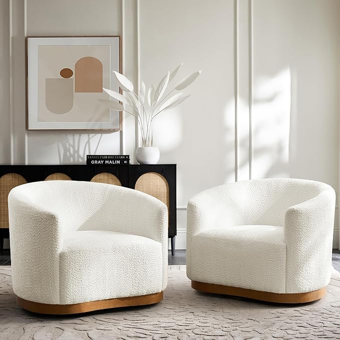 HULALA HOME Chenille Swivel Accent Chairs Set of 2, Fully Assembled, Comfy Upholstery Barrel Armchair with Sturdy Solid Base, Ivory