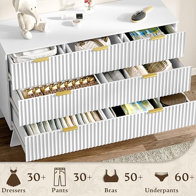 Fluted Dresser for Bedroom with 7 Drawer, Mid Century Modern Chest of Drawers, 48" Wide Natural Wood Dresser for Closet, Wooden Boho Chest Closet Storage TV Stand for Bedroom, White