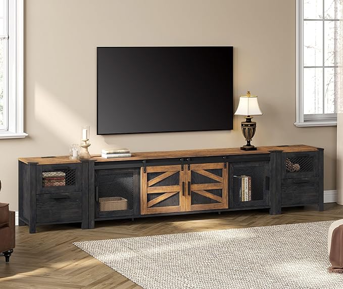 WAMPAT TV Stand Set for 85 inch TV with Charging Station, 3 in 1 Wood Entertainment Center TV Console Table for Living Room, Antique Black
