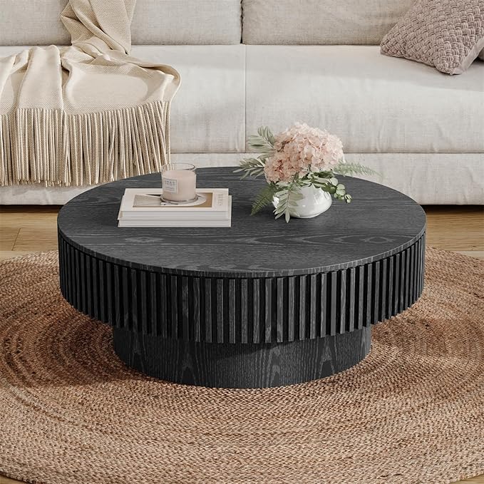 Round Coffee Table for Living Room, Accent Fluted Drum Coffee Table with Storage, Modern Solid Wood Veneered Circle Center Tea Table for Small Space Apartment (31.5''D×14''H-Black)