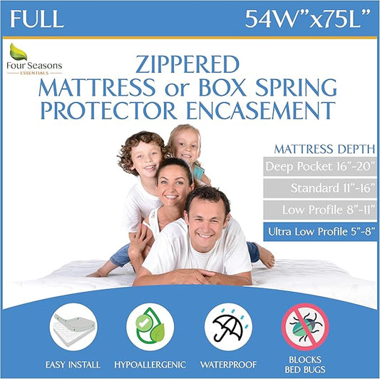 Full Size Mattress or Box Spring Encasement (5" to 8" Depth) - Low Profile Waterproof Zippered Protector Hypoallergenic Premium Bed Cover Protects from Dust Allergens
