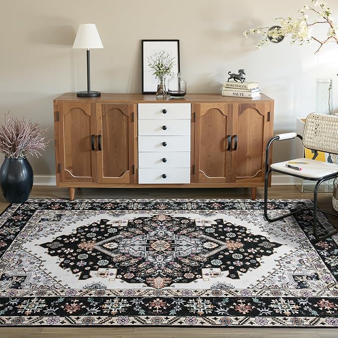 Vintage Area Rug 5x8 Rugs, Machine Washable Rug Non-Slip Low Pile Large Rug for Living Room, Bedroom, Farmhouse, Dining Room, Black
