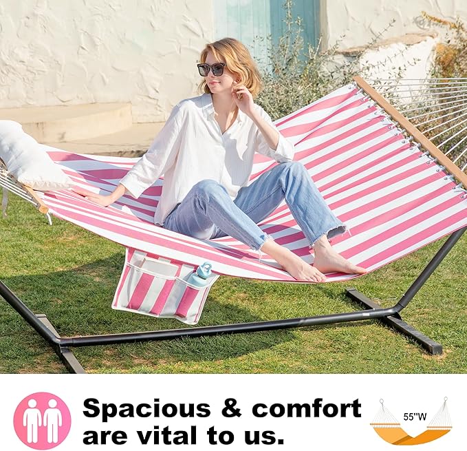 Waterproof Double Hammock with Stand for Outside Heavy Duty, 2 Person 55'' Large Quick Dry Textilene Hammocks with Hardwood Spreader Bar, Pillow, Side Pocket, 475lbs Capacity (Pink & White)