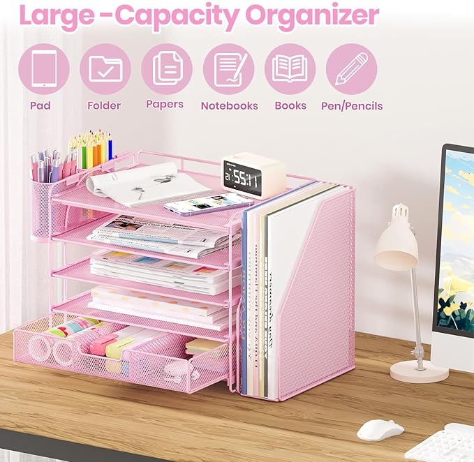 Desk Organizers and Accessories with File Holder, 5-Tier Office Desk Accessories & Workspace Desktop Organizer with Drawer and 2 Pen Holder, File Paper Organizer for Office Supplies(Pink)