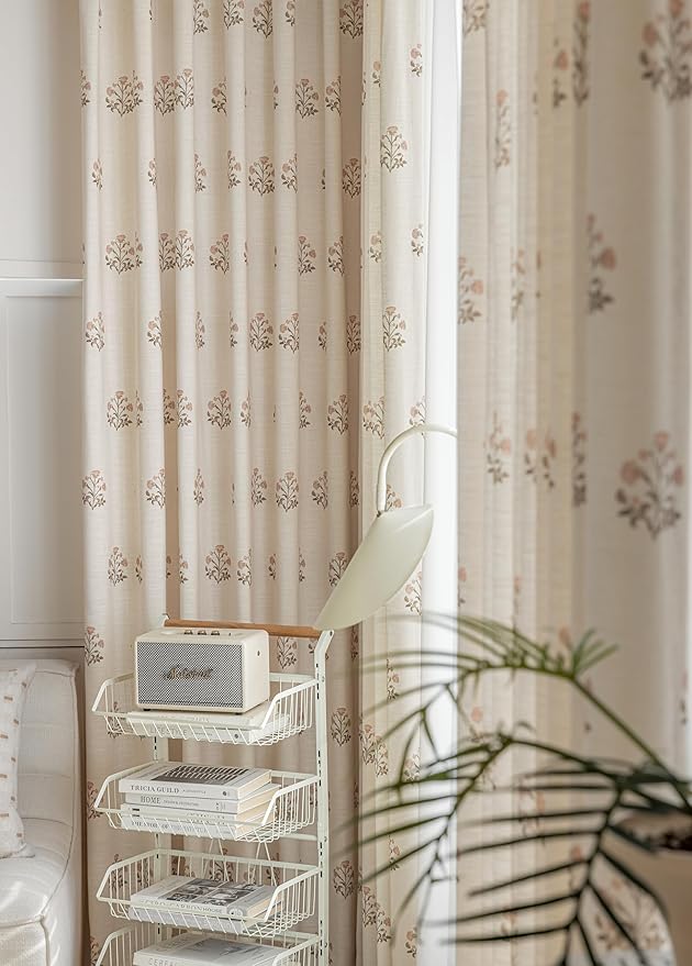 Linen Blend Pinch Pleated Curtains for Living Room, Bedroom, Dining Room - Light Filtering Curtains 2 Panels Set - Luxury and Modern Floral Printed Design - Beige White, 30" W x 84" L