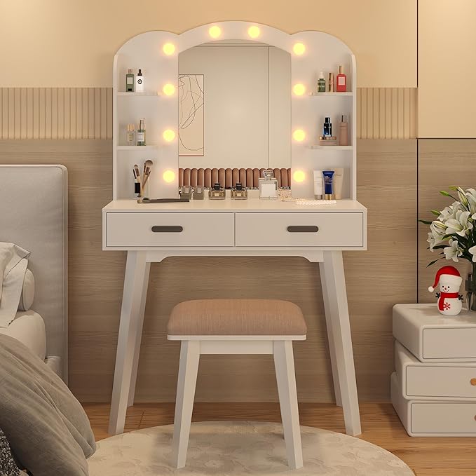 Makeup Vanity Desk with Mirror, Vanity Desk with Lights and Mirror, Makeup Vanity with Drawers and Chair White Vanity with Chair